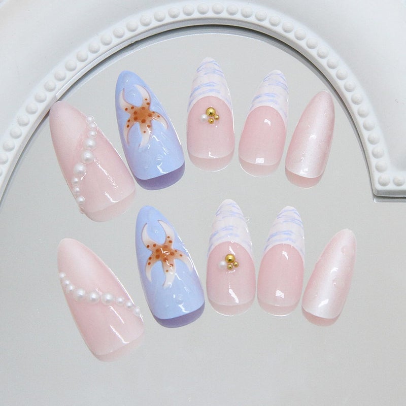 CJDLTS French Tip Ripple Press on Nails Medium Almond Artificial Acrylic Nail Gradient 3D Starfish Pearl with Flower Design Stick on Nails Full Cover Reusable Coffin Artificial Fingernails for Women - Image 2